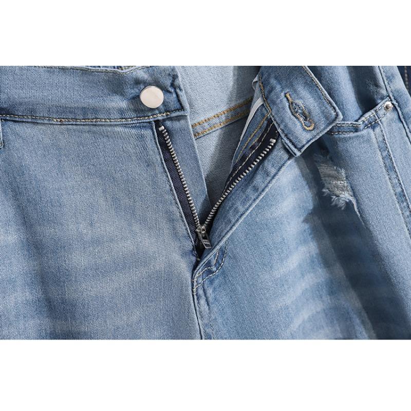 DIMANAF 2026 Summer New Plus Size Women Casual Ripped Wide Leg Denim Capris Jeans Long Pants Cotton Blue
