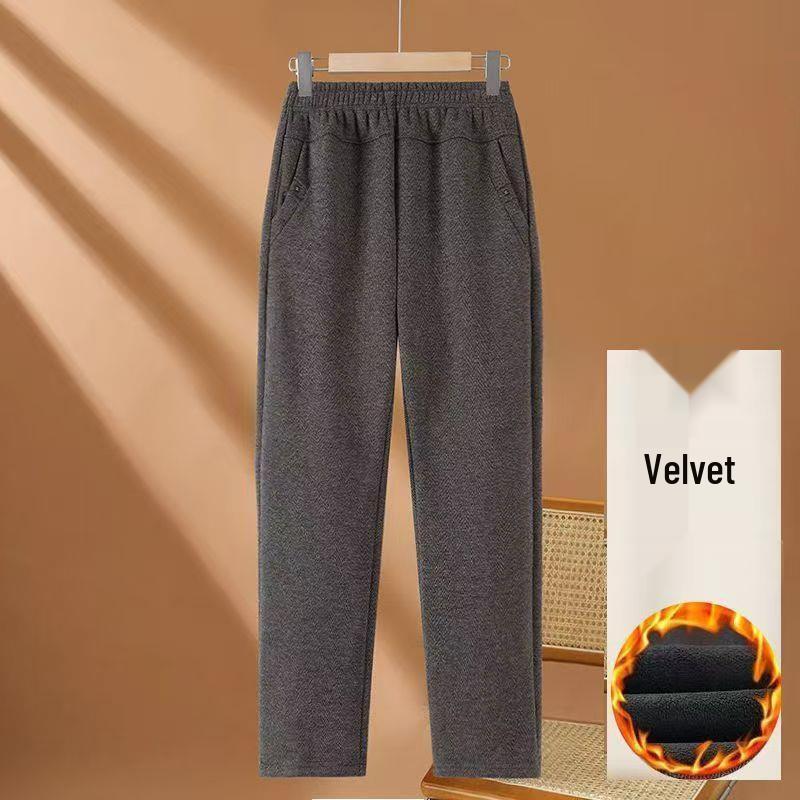 Women's High-Waisted Fleece-Lined Pants for Mature Women - Loose, Elastic Straight-Leg Design In Solid Colors