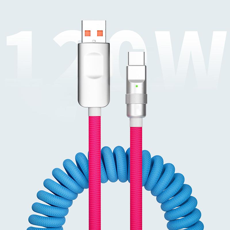 120W Federladekabel, Schnellladekabel, dehnbares Datenkabel, USB zu Typ C, Schnellladedatenleitung für iPhone 15, Samsung Huawei Android