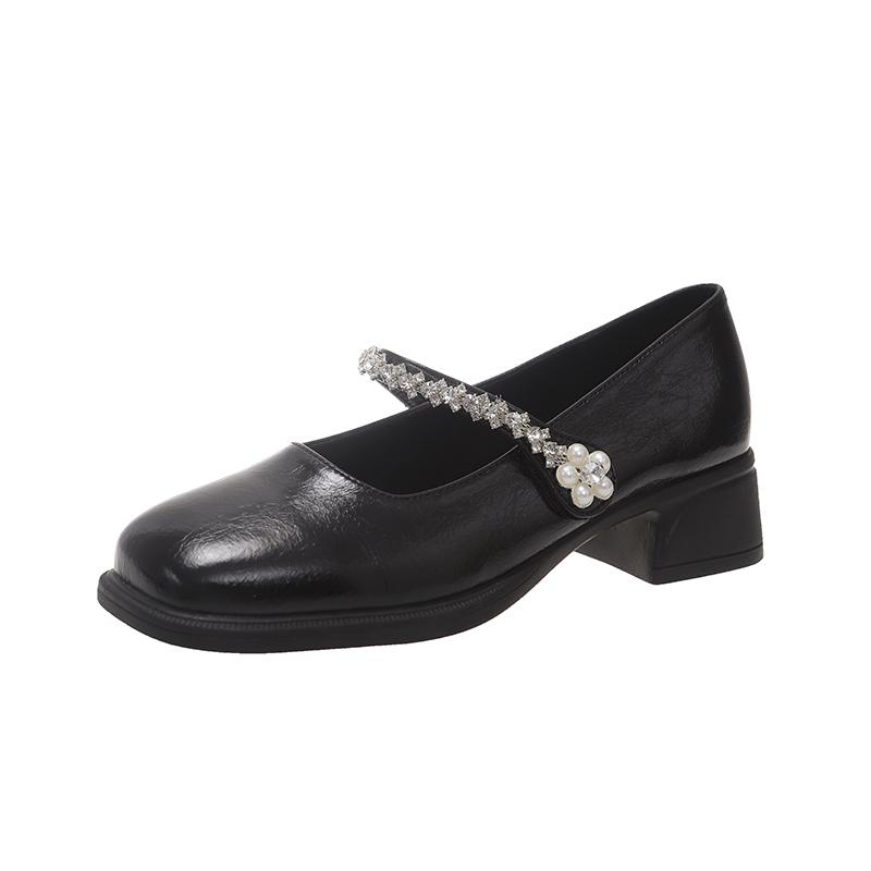 Fashion Square Heel Single Shoes Women's Autumn New Square Toe Shallow Mouth Crystal Strip Non-slip Block Heel Shoes