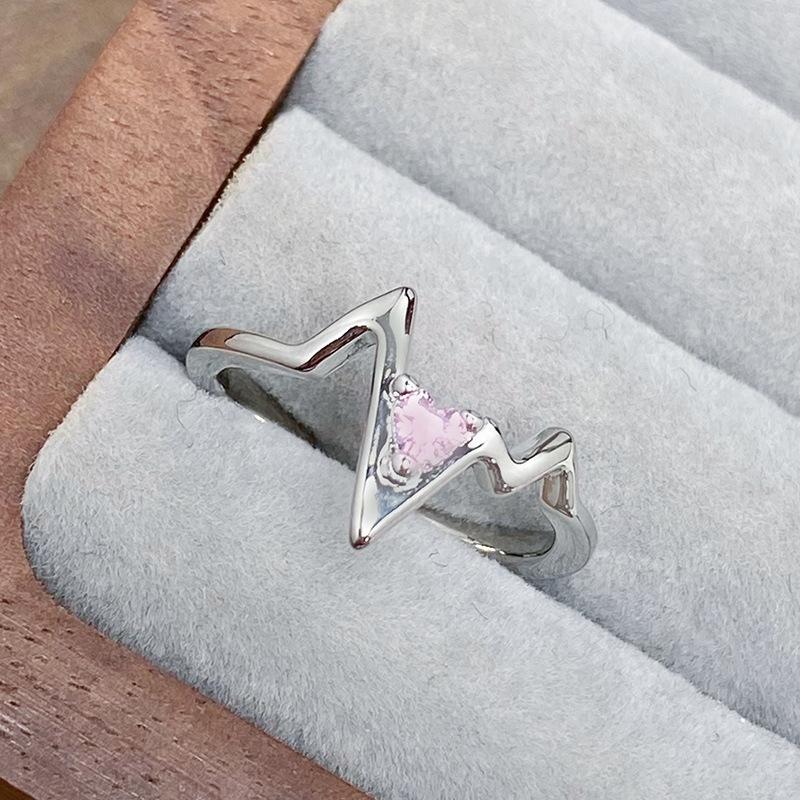 [Sweet Pink Dream] Pink Love Qixi Festival Girl'S Heart Zir*****Pen Ring Simple Fashion Geometric Ring Female
