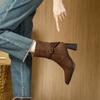 Maillard Brown High-heeled Boots Show Thin Temperament High Sense Autumn and Winter Retro Square Head Short Boots Women's Thick Heel