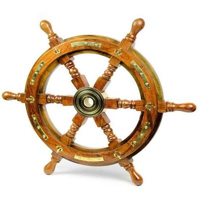 18 Zoll Schiffs-Holzrad-Messinganker & Streifenrad-Holzgriffe-Wanddeko-Heimdeko-Hölzernes Sechs-Speichen-Rad