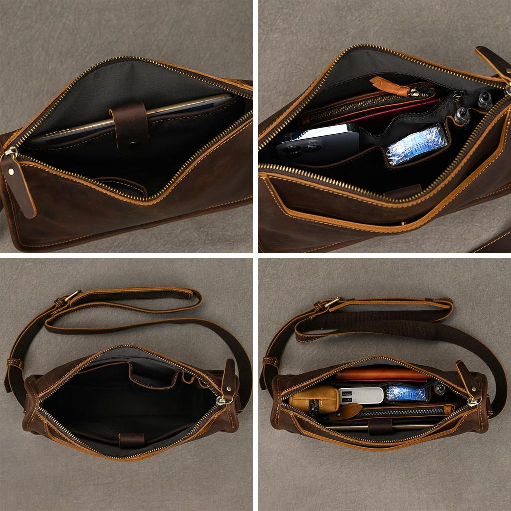 Luufan Men's Genuine Leather Messenger Bag, Crossbody Bag, iPad Compatible, Commuter Bag, Cycling Bag, Popular Casual Bag, Lightweight (Coffee)