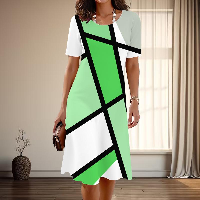 Dame Mote Grasiøse Geometriske Mønster Trykk Sommer Vår Kortermet O-Hals Hverdagskjoler