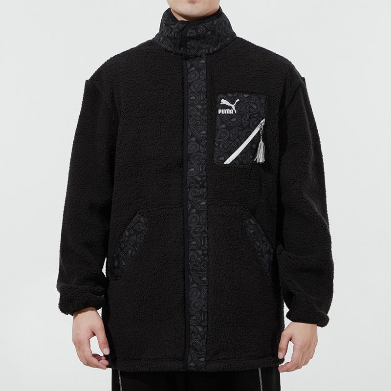 Puma Paisley Cashew Flower Patch Pocket Faux Sheepskin Fleece-Lined Stand Collar Logo Jacket Unisex Jackets Black 534984-01