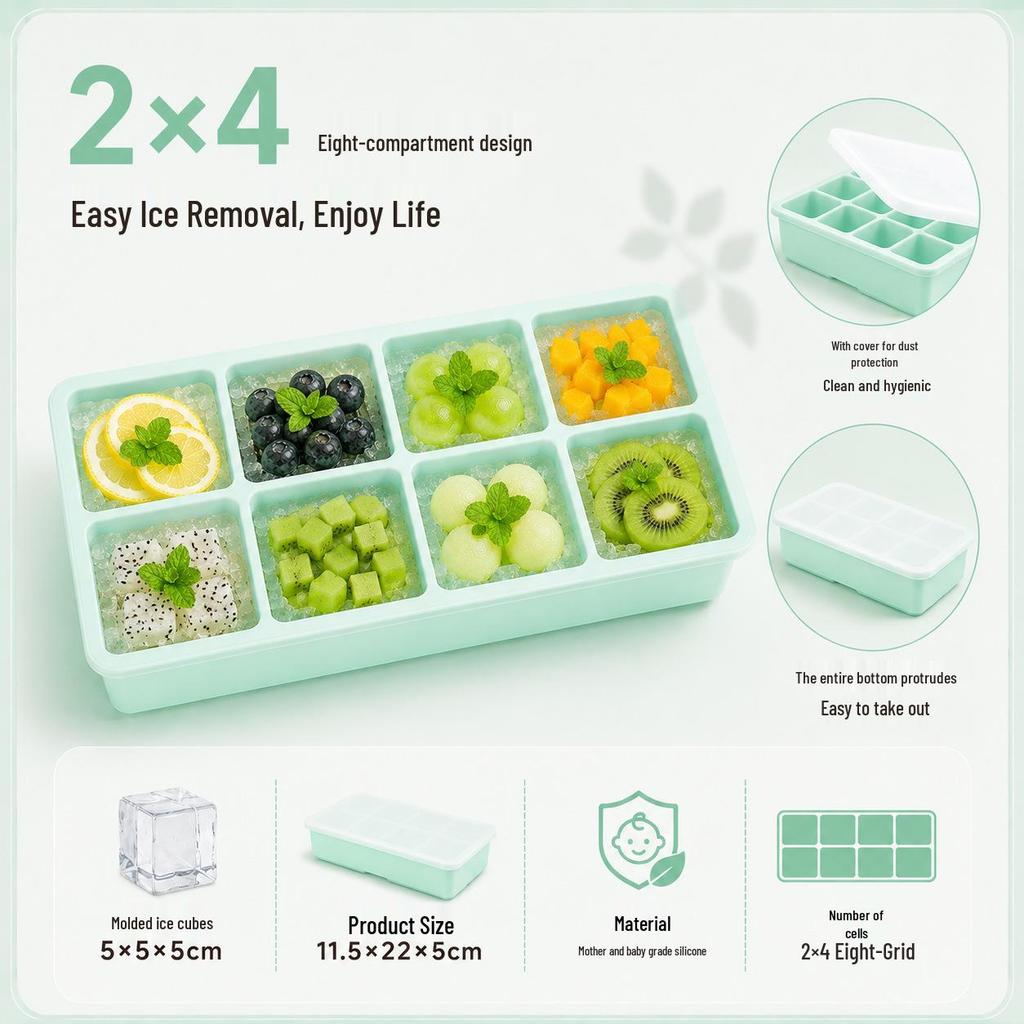 Square Ice Cube Tray with Lid - Large Silicone Mold for Home Use