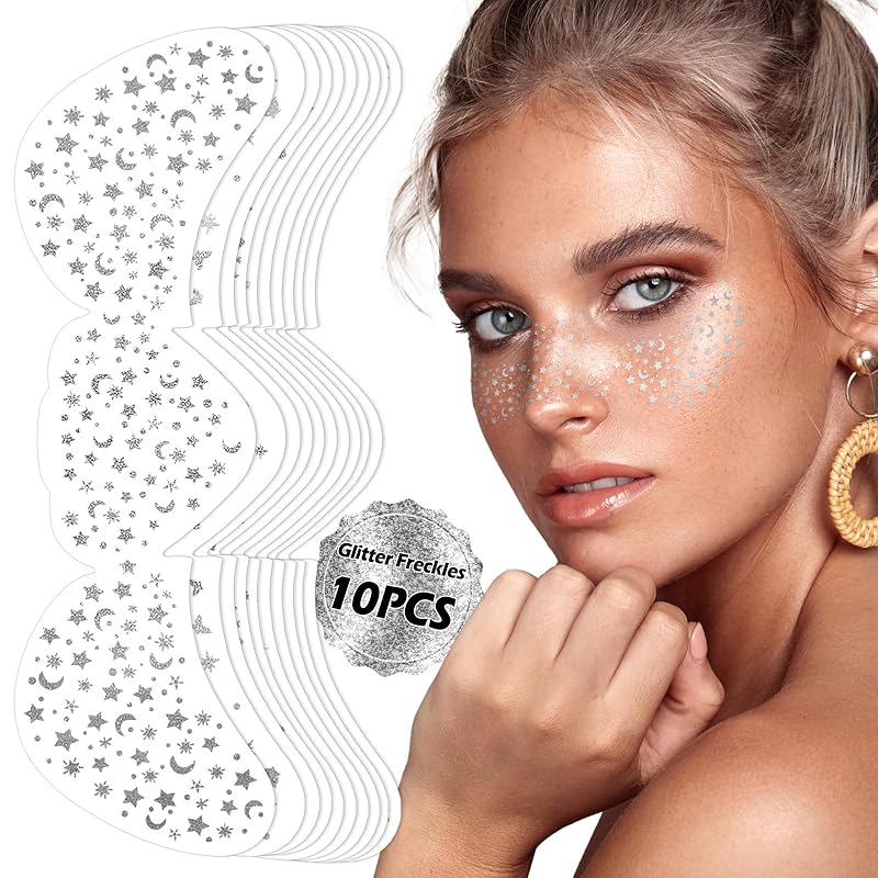 10 Sheets Glitter Freckle Tattoos, Gold Glitter Speckles Face Makeup, Eyes Makeup Accessories Temporary Tattoo for Women and Girls, Cosmetic Freckle серебряный