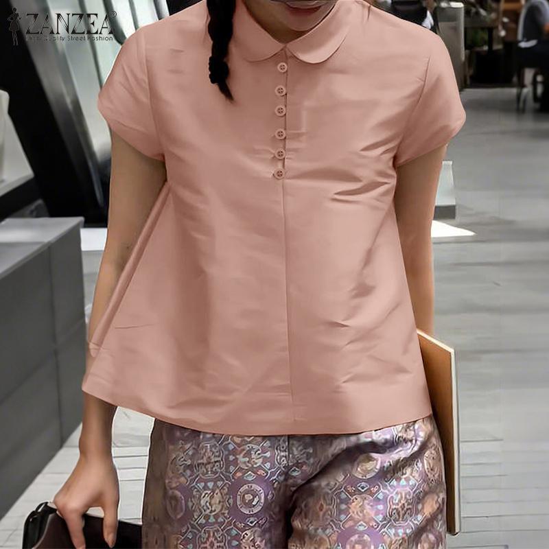 ZANZEA Women Summer Casual Doll Collar Short Sleeve Satin Blouse