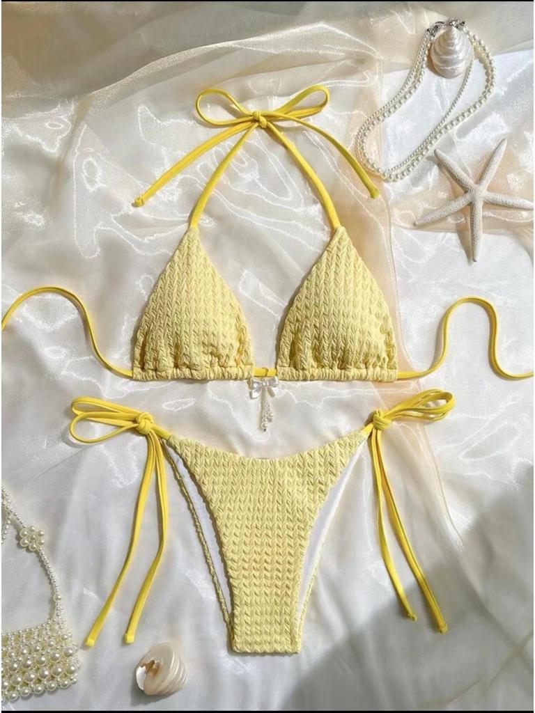 2025 Europäischer & Amerikanischer Damen Sexy Rückenfreier Träger Bikini in Unifarbe
