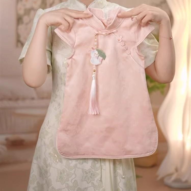 Girls Pink Qipao Dress Summer Thin Cheongsam With Tassels Vintage Princess Party Gown For Kids 100cm