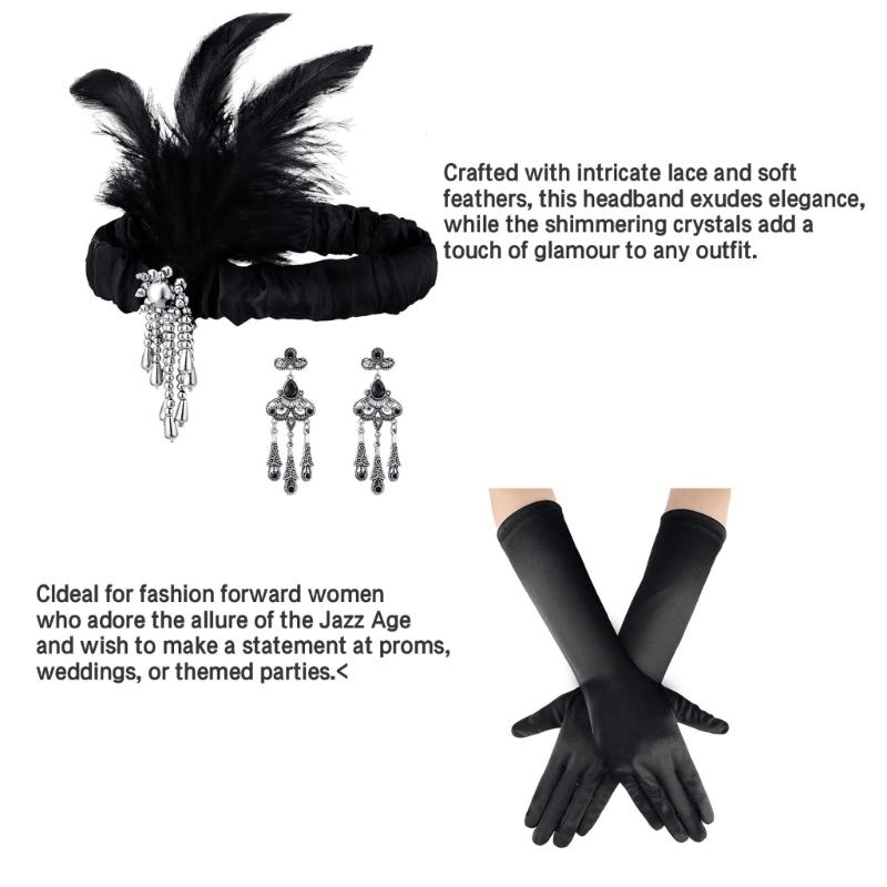 Vintage 1920s Flapper Party Women Costume Accessories Set Feather Headband Necklace Earrings Gloves for Cocktail Party