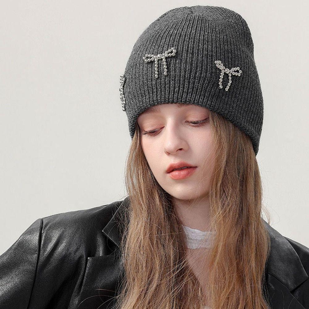 Bowknot Pearl Bow Beanies Warm Cap Knit Cap Sweet Knitted Hat Autumn