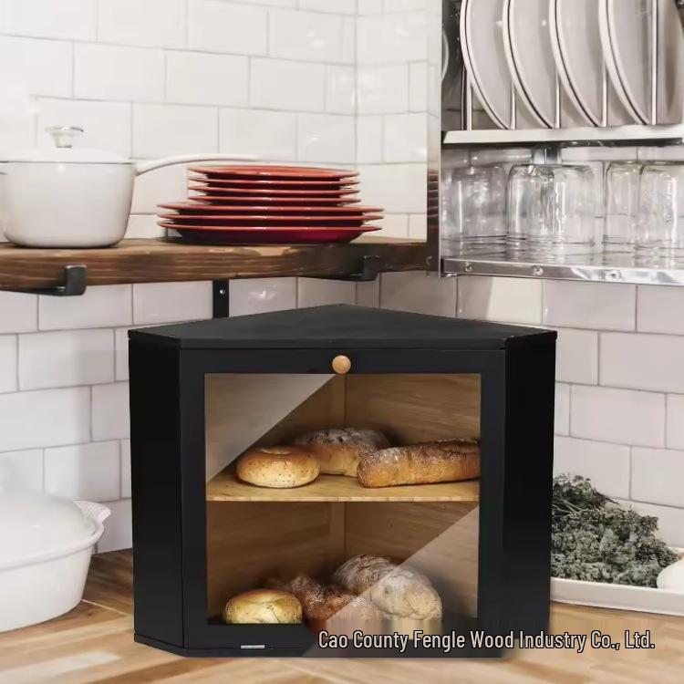 Dřevěná trojúhelníková kuchyňská rohová úložná krabice na chléb a sýr s průhlednými akrylovými dveřmi a oknem