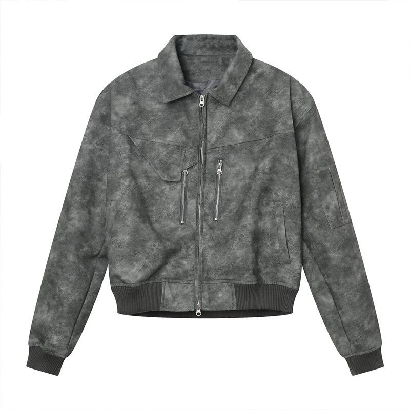 

American retro old-fashioned jacket men s and women s same spring and autumn zipper decorative PU leather jacket men s high-end top XXXL серый