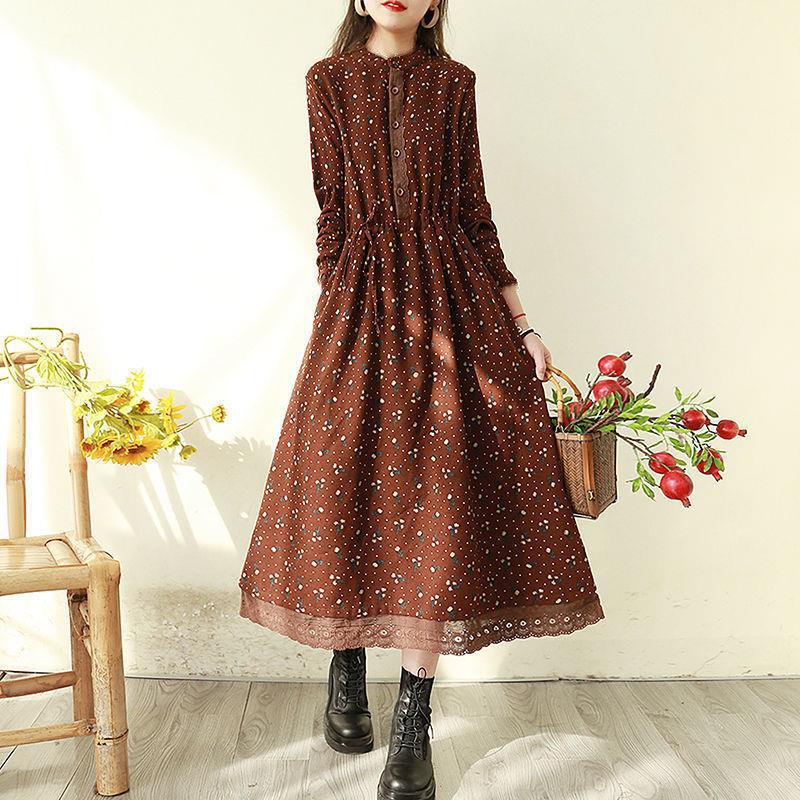 

Винтажное цветочное платье из хлопка и льна на осень 2025 года - Модное, Большого размера, Свободное и Стройнящее M (100-115 jin) кофейный