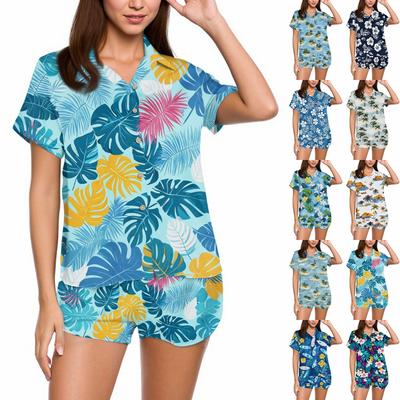 Women's Ice Silk Pajamas Button Homewear Hawaiian Print Short Sleeve Satin Pajama Set