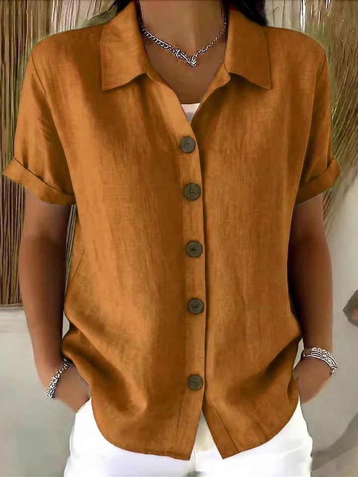2026 European-American Summer Solid Color Lapel Button Casual Loose Short Sleeve Shirt