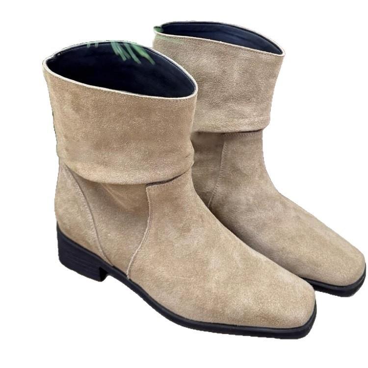 Sheepskin Version Korean Leather Square Head Retro Stacking Boots Women's Thick Heel Short Boots Small Martin Boots Western Cowboy Boots