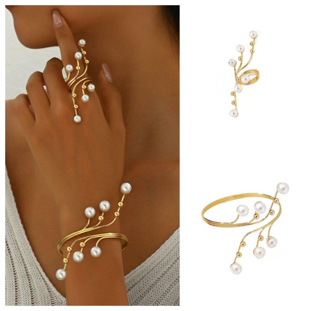 Imitation Pearl Open Arm Bangle Adjustable Armband Vintage Bracelet Ring Set Arm Accessories