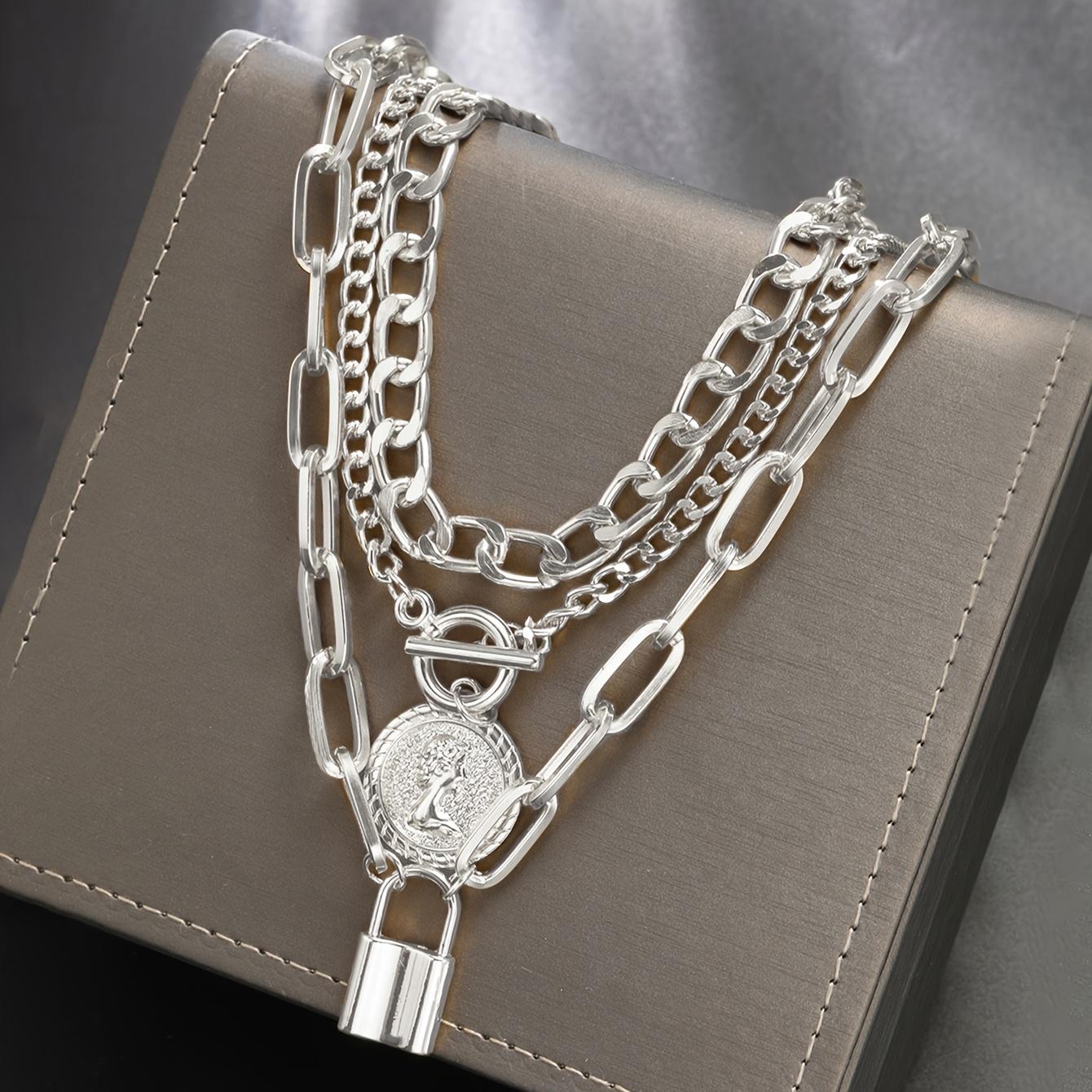 3pcs/Set Retro Elegant Fashion Old Money Style Metal Portrait OT Buckle Multilayer Necklace Hip Hop Layered Clavicle Chain 25.99 in(66.01cm) серебряный