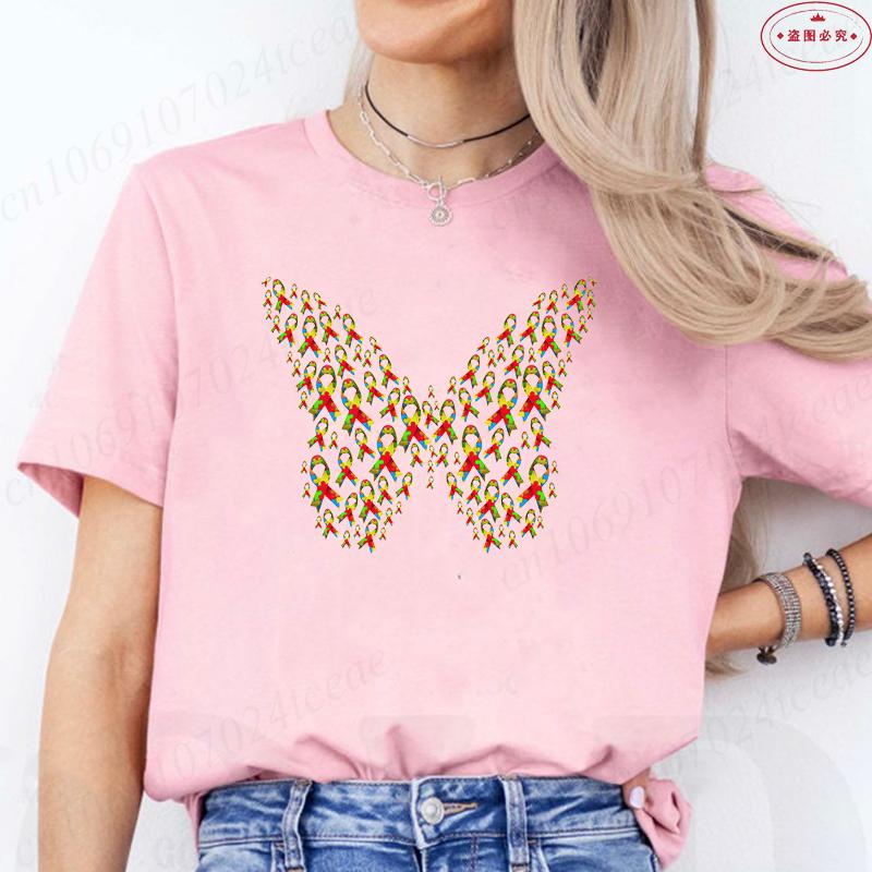 Fashion Butterfly Puzzle Piece T-shirt for Women Graphic Tees Shirt Aesthetic Clothing Summer Autism Awareness Month Y2k Tops