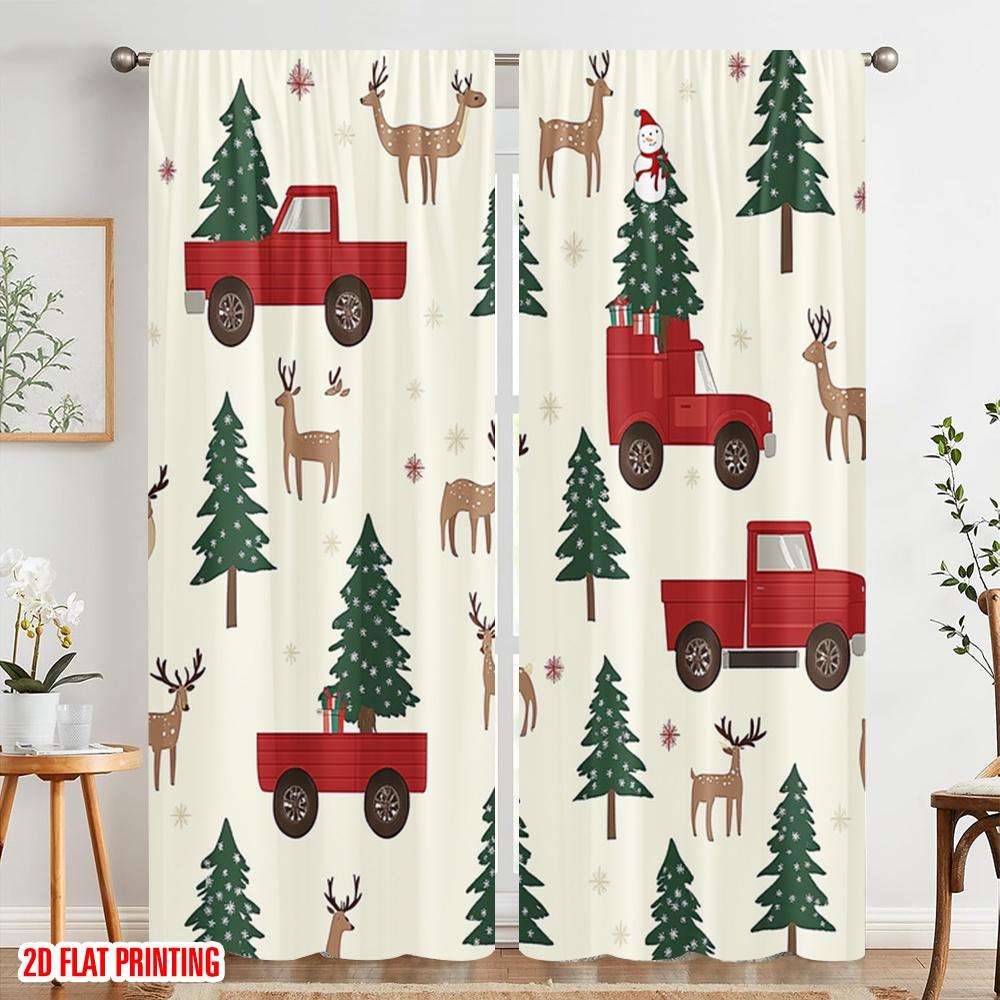 2 szt., druk płaski 2D Minimalistyczne zasłony Ciężarówka świąteczna Bałwan Jeleń Drzewa Tkanina poliestrowa (bez pręta) Idealny wystrój domu