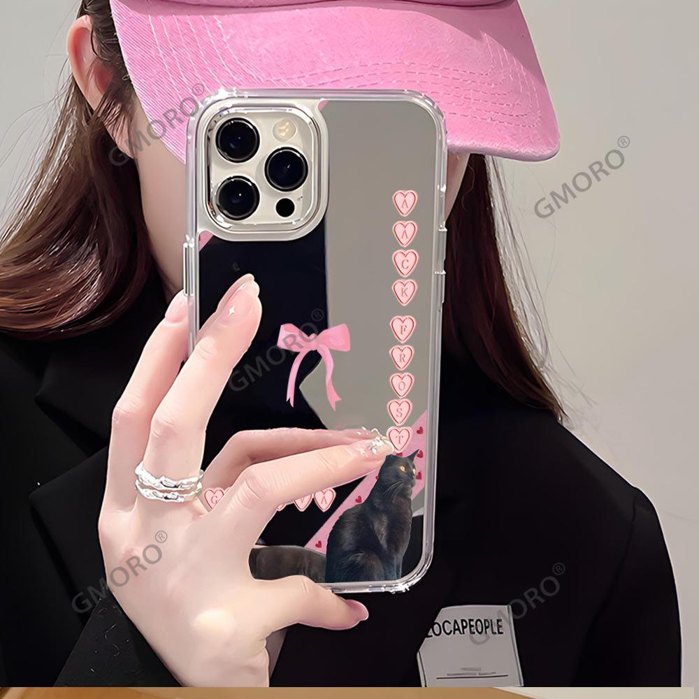 Ins Wind Love Bow Black Cat Suitable for Iphone17 Mirror Mobile Phone Case Apple 16pro Makeup Mirror
