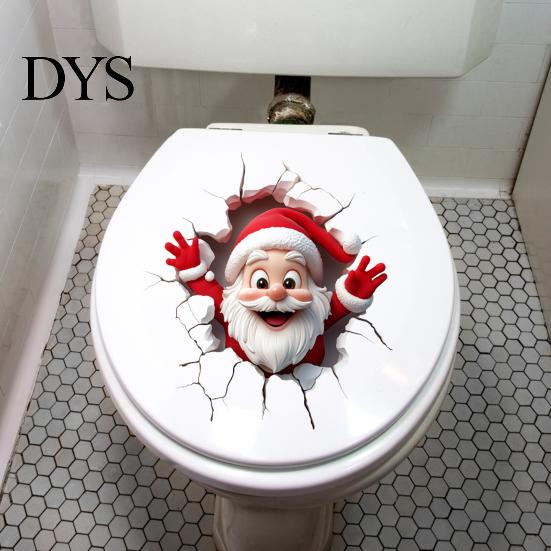Removable PVC Mural Christmas Toilet Sticker, Funny Santa Claus Lid Tank Decals Self-Adhesive 3D Hole Waterproof Decal for Bathroom Decoration Festive