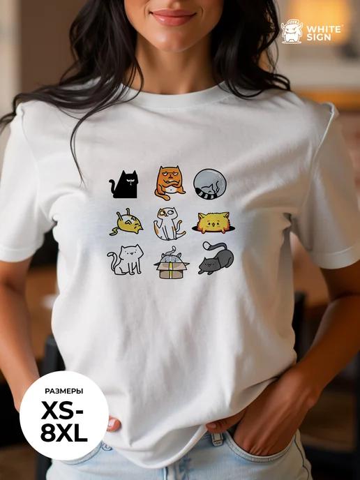 Oversized cotton T-shirt with Gathering of Cats print S