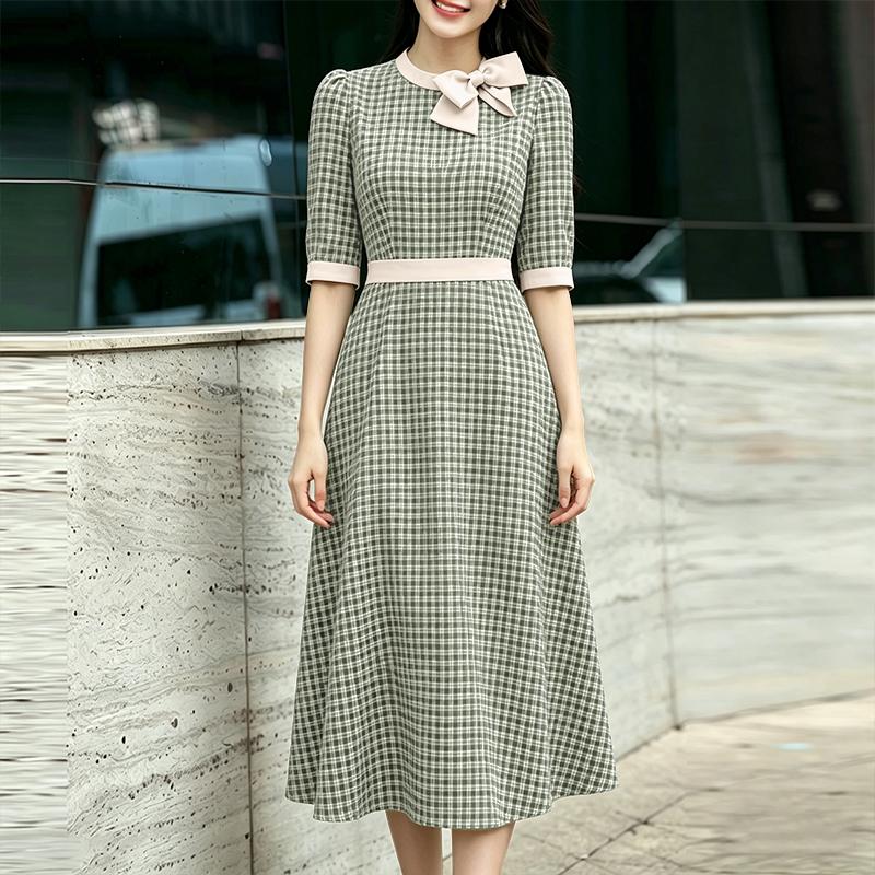 ZANZEA Women Elegant Round Neck 3/4 Sleeve Casual Grid Print Dress M армия зеленый