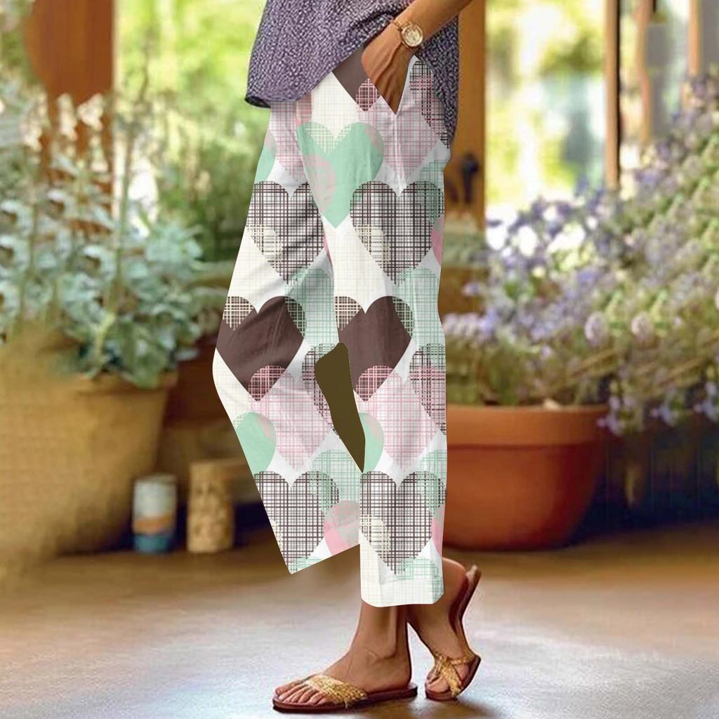Damenhose aus Baumwollleinen, bedruckt, Sommerhose mit weitem Bein, lässig, locker, Kordelzug, hohe Taille, Palazzo-Hose mit Taschen