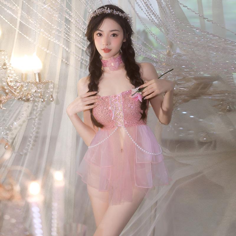 

[Fei Mu] Qixi персиковое платье принцессы с блестками и жемчужной цепочкой 6506, сексуальное нижнее белье, униформа, сексуальная пижама One Size