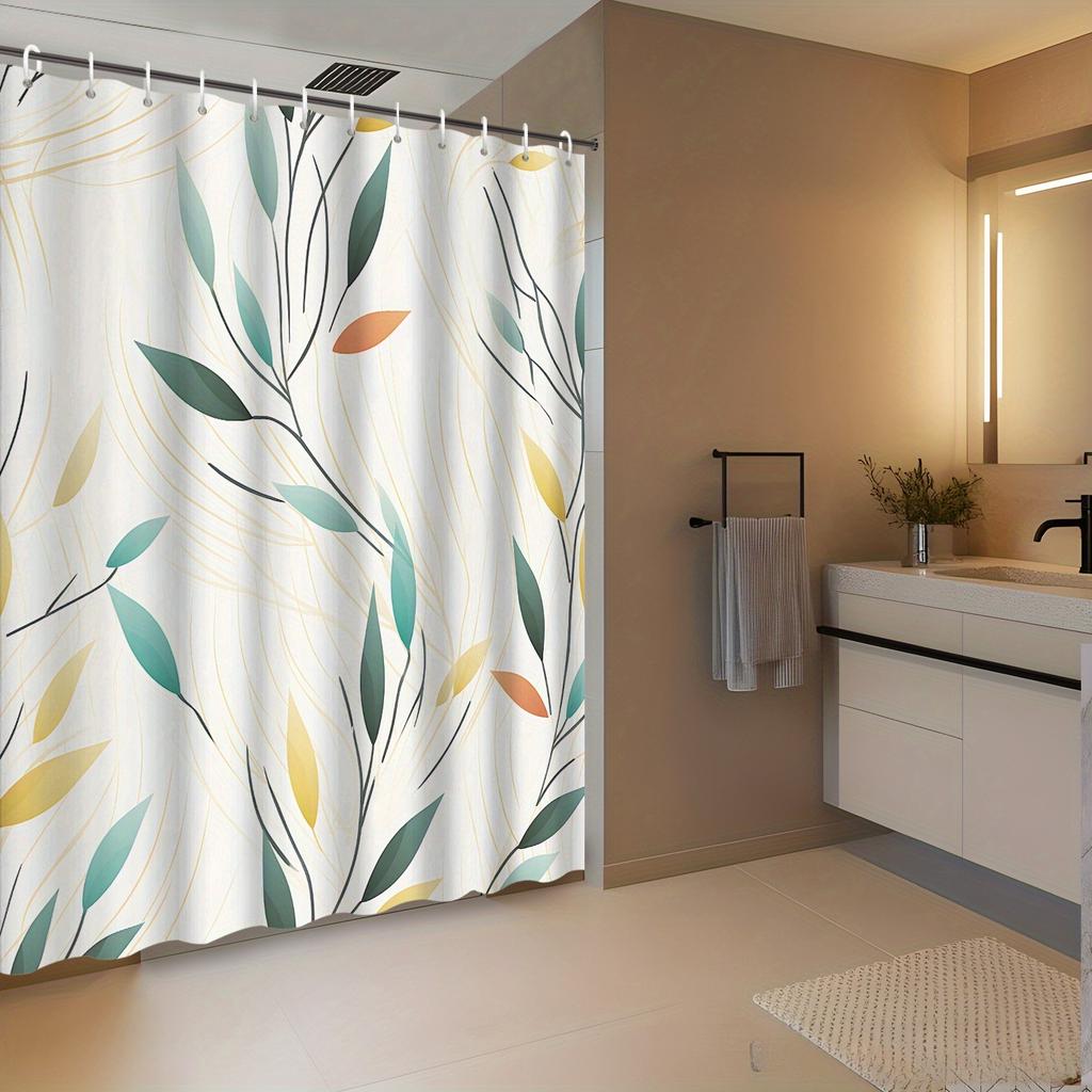1Pc Modern Leaf Print Shower Curtain, Polyester Fabric, Machine Washable, Suitable For Bathroom Decoration