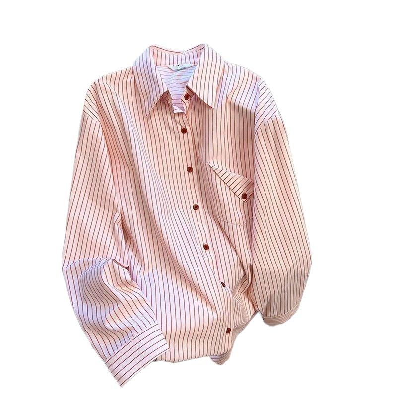 Pink Striped Women's Shirt French Style Loose Flip Collar Single Breasted Pocket Blouse Casual Fashionable Famale Long Sleeved Top