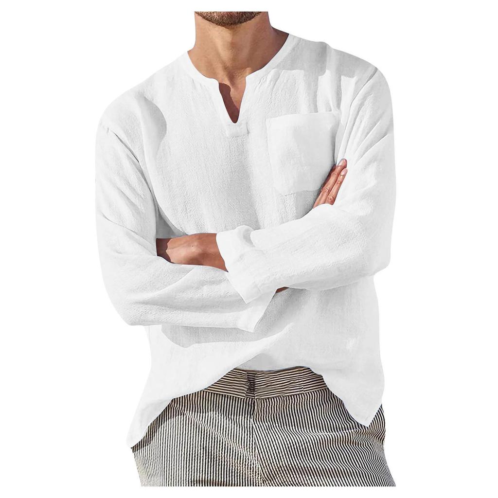 Men's Casual Linen Solid Color Long Sleeve Shirts Loose Stand Collar Shirts