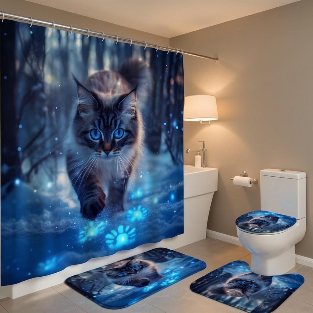 4Pcs Enchanted Cat Shower Curtain Set with Non-Slip Bath Mat, Toilet Lid Cover, Contour Rug & 12 Hooks, Bathroom Decor