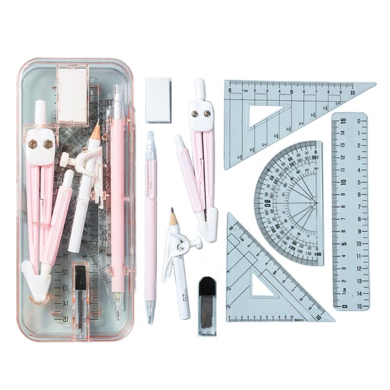 

Complete Plastic Geometry Kits With 9 Essential Tools Including Compass Rulers For Precise Technical Drawing красный