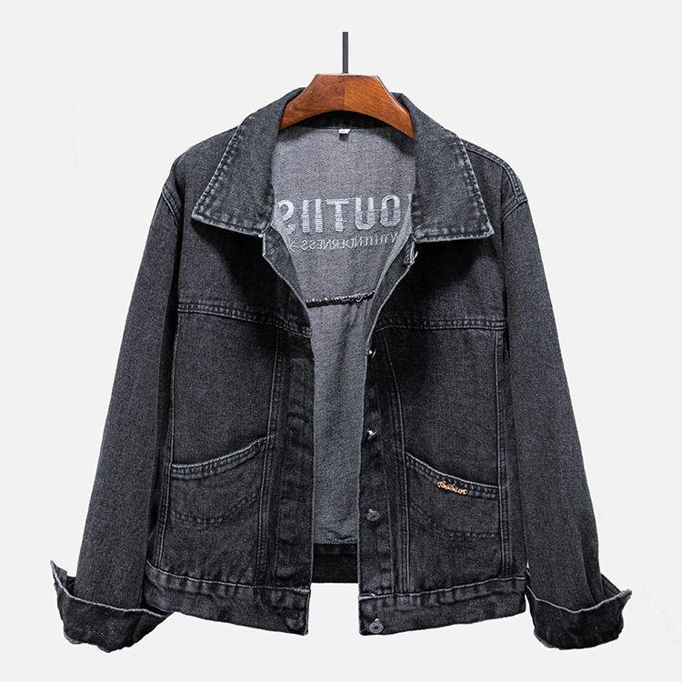Women's Korean Style Embroidered Denim Jacket - Slimming, Loose Fit, Solid Black, Spring/Autumn Trend