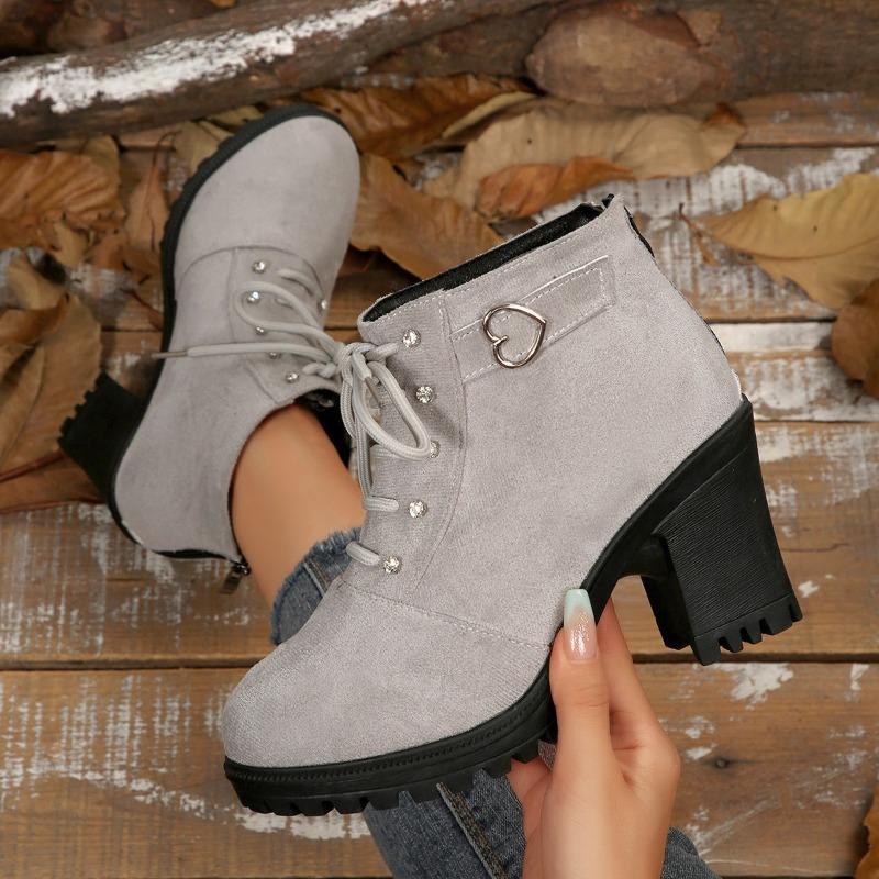 

Round Toe Lace-Up Side Zip Soft Sole Non-Slip Heels Fashion Love Metal Buckle Platform Booties 35 серый