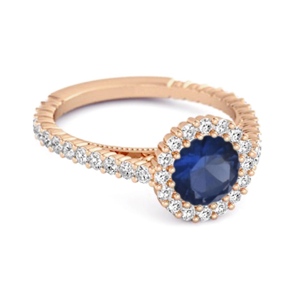 Blue Sapphire Halo Accents Ring - 925  Sterling Silver Rose Gold Vermeil