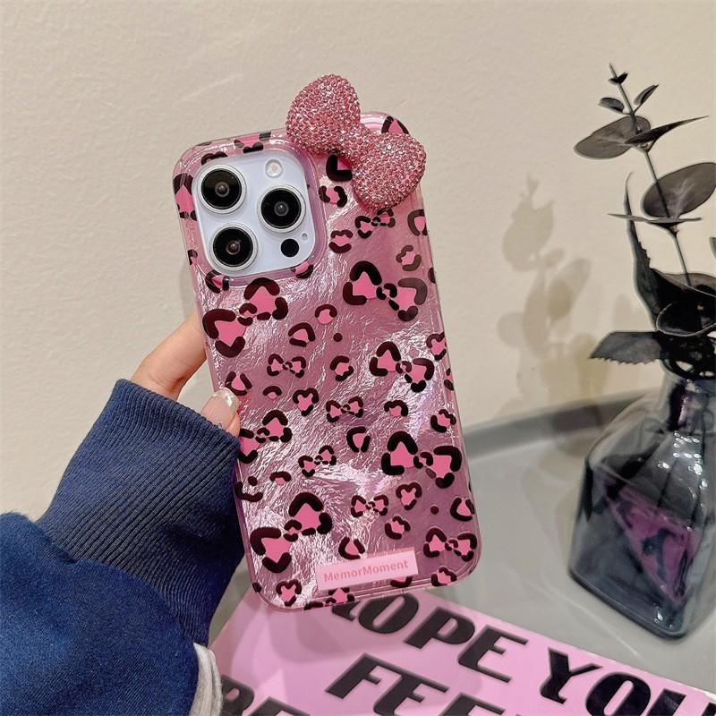 Korean Style Leopard Print Phone Case With 3D Bow IPhone 15 Pro Max Shockproof Glossy PC Cover In Or Pink