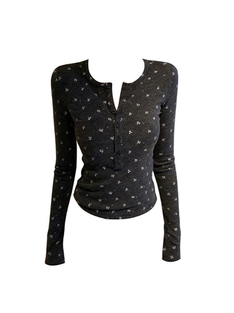 

Plus Size Korean Floral Henley Long Sleeve T-shirt - Women s Autumn Inner Layer Top M
