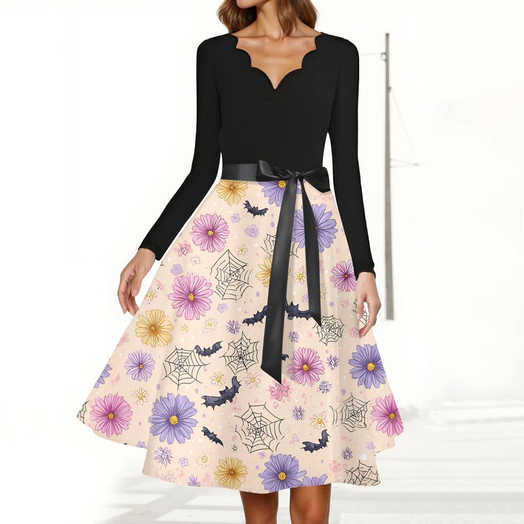 Women's Casual Fashion Halloween Printed V-Neck Vintage Dress