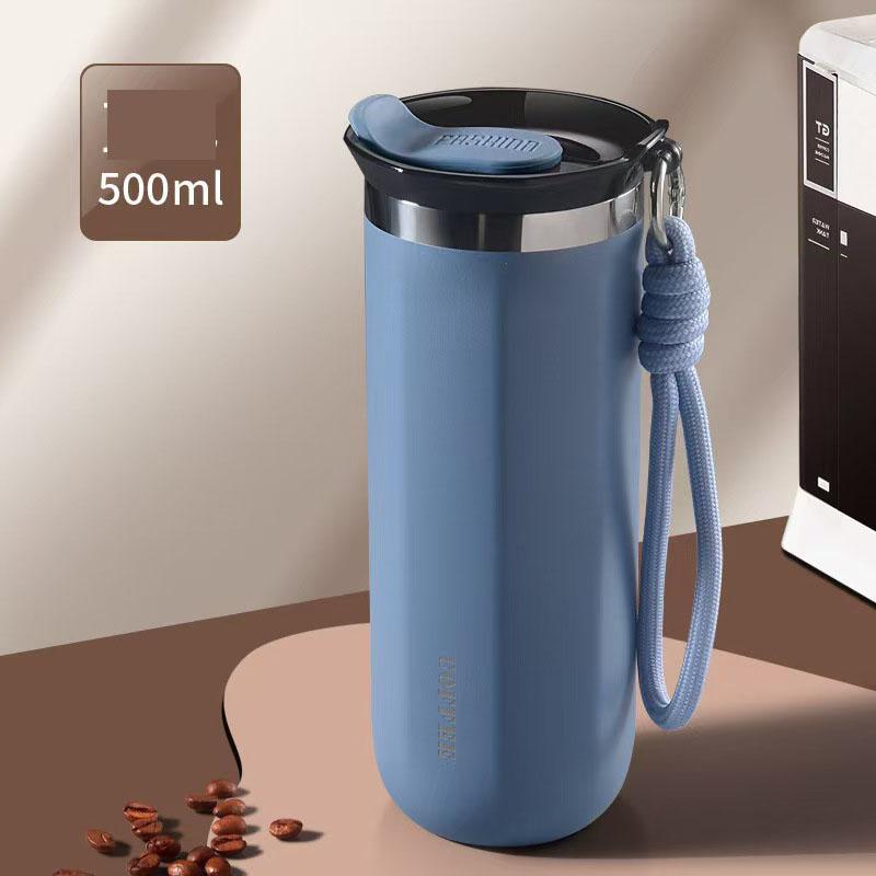 Double-Layer Vacuum-Insulated Coffee Mug with Pull-Up Handle 304 Stainless Steel Thermos Outdoor Portable Sports Water Bottle Solid Color Water Cup