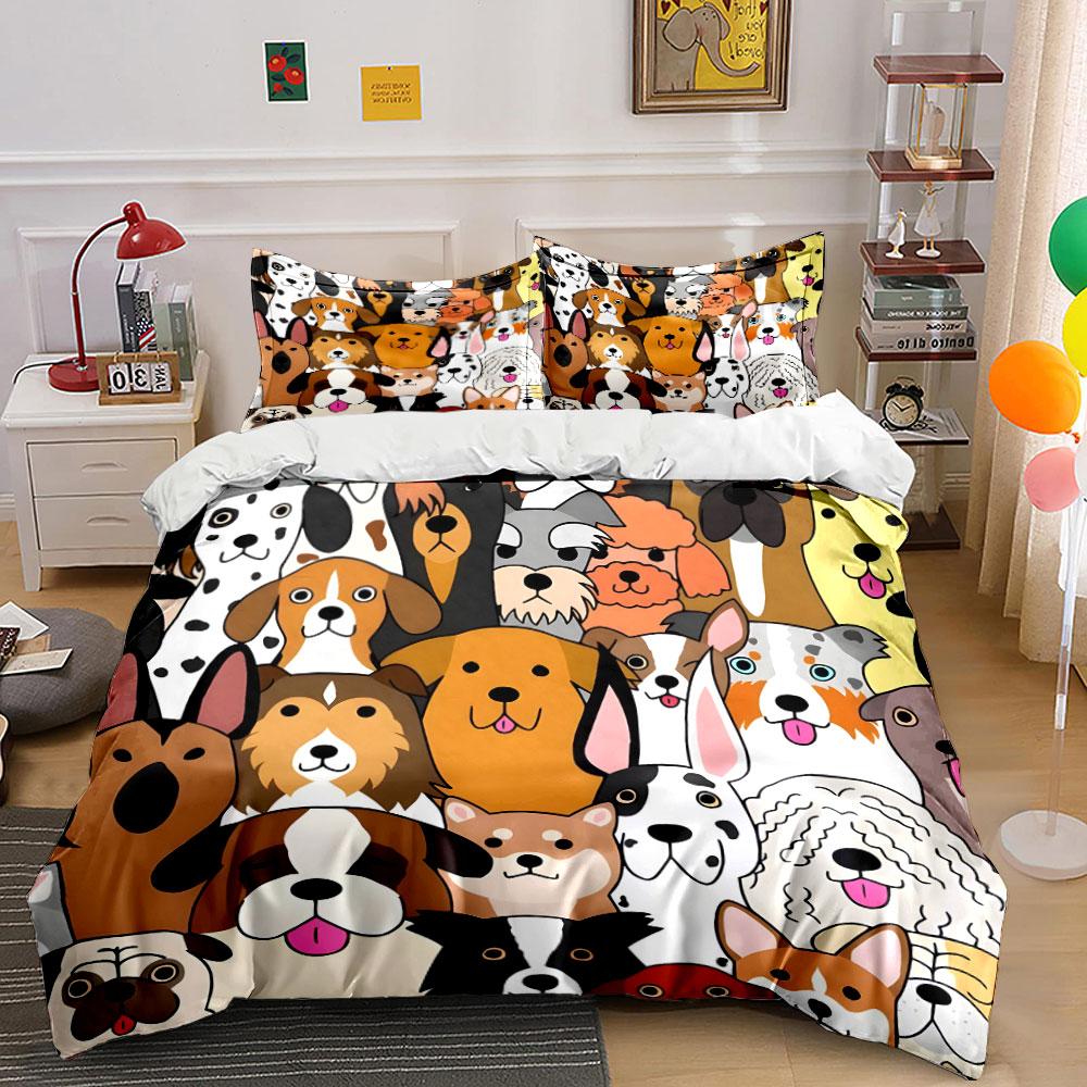Colorful Dog-Themed Decor Set Bedding Set with 1 Duvet Cover 2 Pillowcases Single Double King Queen, Gift