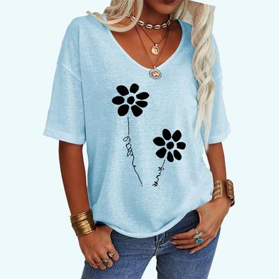 Damenmode Lose T-Shirt Lässig V-Ausschnitt Sommer Top Federdruck Kurzarm T-Shirt