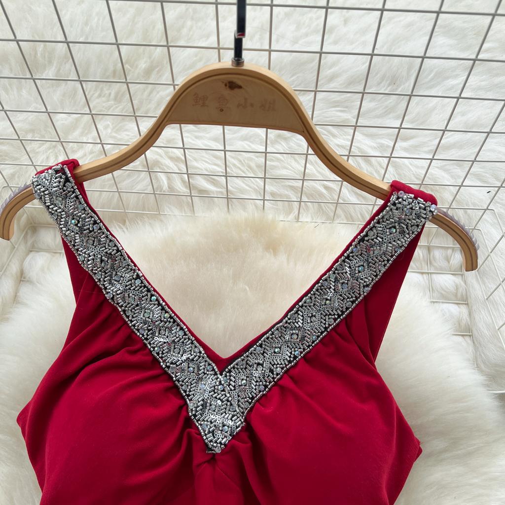 Summer Women V-neck Sleeveless Beaded Solid Evening Party Mermaid Fishtail Long Midi Dresses