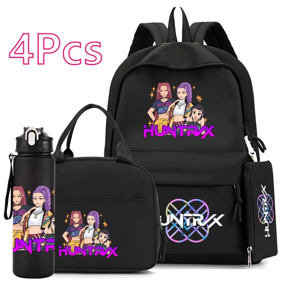 4Pcs/set Anime K-Pop Demon Hunters Printed 750Ml Water Bottler Backpack Handbag Pencil Case for Teenager Boy Girl Large Capacity Waterproof Schoolbag