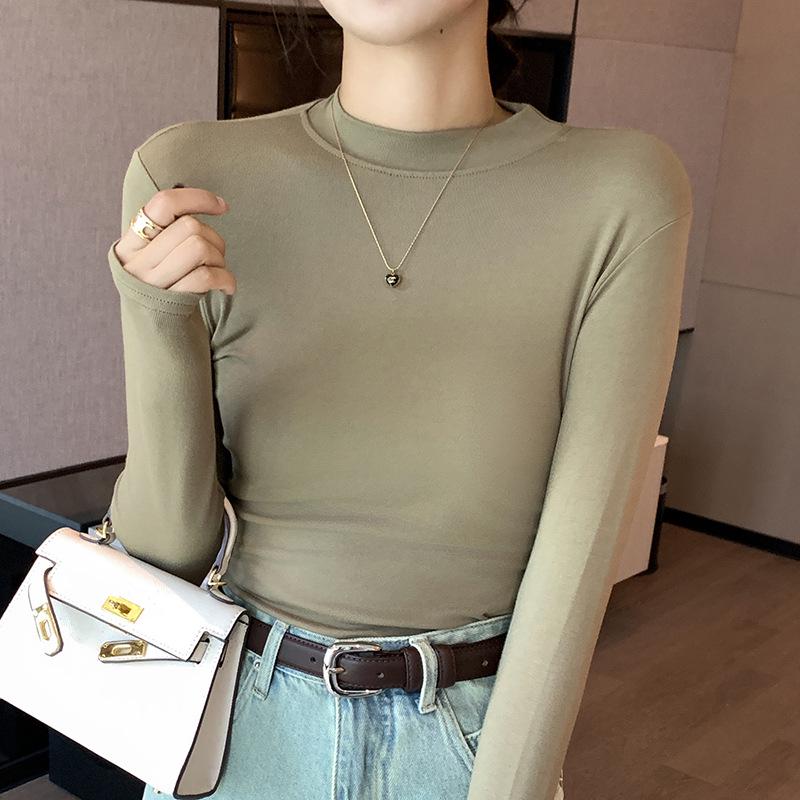 Women's H535 Modal Half-High Collar Long-Sleeve T-Shirt - New Autumn Style with a Small Stand Collar and Round Neck.
